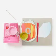 Untitled by Jessica Stockholder, 2005, plastic bucket and bowls, toilet seat, carpet, glue, acrylic and oil paint, picture frame, silicone and Sculpey, sold Feb 2025