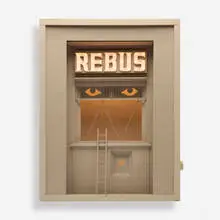 Cletus Johnson, Rebus, shadow box assemblage, painted wood, lighting, glass