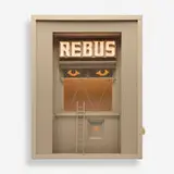 Cletus Johnson, Rebus, shadow box assemblage, painted wood, lighting, glass