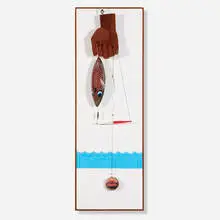 Leo Jensen, Fish Story (Kinetic work), 1965, polychrome carved wood and tin fish on Masonite