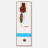 Leo Jensen, Fish Story (Kinetic work), 1965, polychrome carved wood and tin fish on Masonite