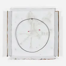Chris Bradley, Grease Face, 2011, aluminum, cast bronze, spray paint, oil paint, adhesive, hubcap ring, Masonite, screw and colored pencil