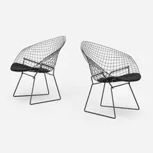 Diamond chairs, pair by Harry Bertoia, enameled steel, upholstery, sold Feb 2025