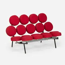 Marshmallow sofa by George Nelson & Associates, upholstery, enameled steel, matte chrome-plated steel, aluminum, sold Feb 2025