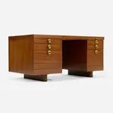 Gilbert Rohde, Executive Office Group desk, 1942, teak, brass-plated steel, vinyl