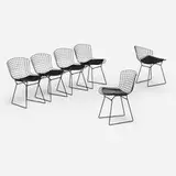 Harry Bertoia, Dining chairs, set of six, enameled steel, leather