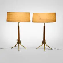 Gerald Thurston, Table lamps, pair, c. 1960, wood, brass, fabric shade