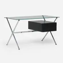 Franco Albini, Desk, model 80, chrome-plated steel, ebonized birch, glass, plastic