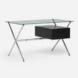 Franco Albini, Desk, model 80, chrome-plated steel, ebonized birch, glass, plastic