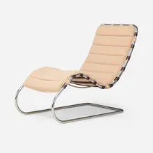 MR chaise lounge by Ludwig Mies van der Rohe, chrome-plated steel, leather webbing, upholstered cushion, sold Feb 2025