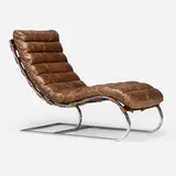 Chaise lounge by Ludwig Mies van der Rohe, c. 2000, chrome-plated stainless steel, distressed leather upholstery, sold Feb 2025