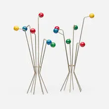 Modern, Candleholders, pair, c. 1955, plated copper rods, painted wood spheres