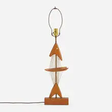 Table lamp by Clark Voorhees, c. 1947, oak, nylon string, brass, sold Feb 2025