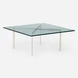 Tugendhat coffee table by Ludwig Mies van der Rohe, glass, stainless steel, sold Feb 2025