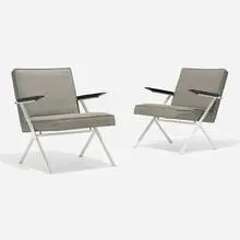 Ladislav Rado, Lounge chairs model R-38, pair, c. 1955, upholstery, enameled steel, lacquered wood, plastic