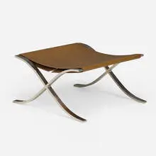 Barcelona stool by Ludwig Mies van der Rohe, stainless steel, saddle leather, sold Feb 2025