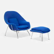 Eero Saarinen, Womb chair and ottoman, wool upholstery, chrome-plated steel