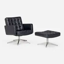 Vincent Cafiero, Executive lounge chair and ottoman, pair, c. 1965, leather upholstery, stainless steel, aluminum