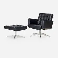 Vincent Cafiero, Executive lounge chair and ottoman, pair, c. 1965, leather upholstery, stainless steel, aluminum