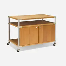 Ali Tayar, Unique Hawkeye TV stand, 1994, oak, aluminum, casters