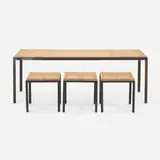 Danny Ho Fong, Osetsu Dei dining table and stools, set of three, c. 1958, wicker, enameled steel