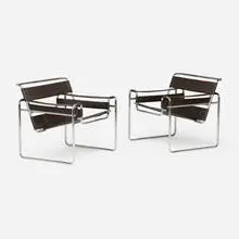 Lounge chairs, pair by Marcel Breuer, c. 2005, chrome-plated steel, saddle leather, sold Feb 2025