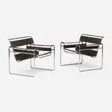 Marcel Breuer, Lounge chairs, pair, c. 2005, chrome-plated steel, saddle leather