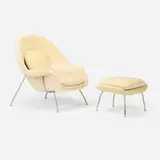Eero Saarinen, Lounge chair and ottoman, c. 2010, microfiber upholstery, chrome-plated stainless steel
