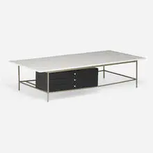 Irwin Collection coffee table, model 8705 by Paul McCobb, 1952, white glass, lacquered wood, chrome-plated brass, sold Feb 2025