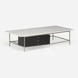 Paul McCobb, Irwin Collection coffee table, model 8705, 1952, white glass, lacquered wood, chrome-plated brass