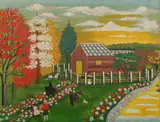 Angel, Folk Art Farm Scene, Oil on canvas mounted on board