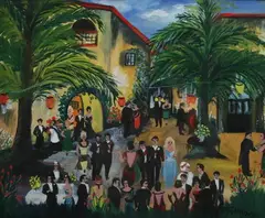 Art Marsden, Party in the Courtyard, Oil on canvas board