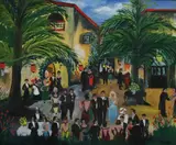 Art Marsden, Party in the Courtyard, Oil on canvas board