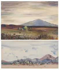 Ted Butterfield, WESTERN FARMSTEAD WITH WINDMILL and WESTERN TOWN; TWO WORKS, first signed and dated 1944 lower right, Watercolor - Largest: 9 1/2 in. x 14 1/4 in