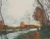 Félix Lecomte, Strolling at Riverside, Color etching