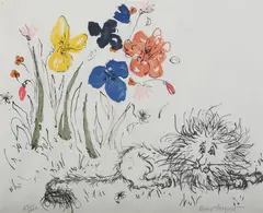 Robert Vargeut, Lion and Flowers, Color lithograph