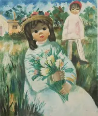 Nino Giuffrida, Girls in Garden, Color etching