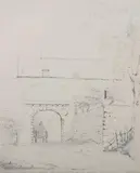 Continental School, Entrance to the Farmyard Of...Where the Battle Took Place, Pencil on paper