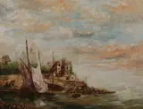 Sailboats Docked by Small Village by Continental School, SAILBOATS DOCKED BY SMALL VILLAGE, oil on canvas, offered Jul 2009