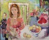 M. Boros Segal, Seated Girl with Flowers and Fruit, Oil on canvas