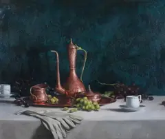 Ned Bittinger, Still Life with Pitcher and Gloves, Oil on canvas
