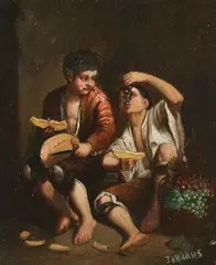 J.V. Haaus, GRAPE AND MELON EATERS, after Murillo, Oil on tin