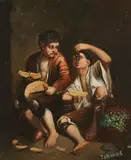 J.V. Haaus, GRAPE AND MELON EATERS, after Murillo, Oil on tin