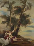 LEDA AND THE SWAN, frame label inscribed "S by Continental School, Oil on canvas, sold Jul 2009