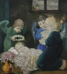 Hans Huber-Sulzemoos, The Christ Child with Angels, Oil on panel