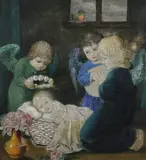 Hans Huber-Sulzemoos, The Christ Child with Angels, Oil on panel