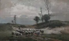 Carl Weber, Shepherd and Flock, Oil on board