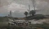 Carl Weber, Shepherd and Flock, Oil on board