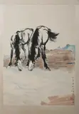 Xu Beihong, Horses, Ink and color on paper - sight: 31 in. x 21 3/4 in.; plexiglass box frame Frame is not in perfect condition; the painting has a 1/2 in. long tear on lower middle