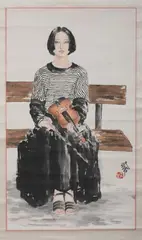 Untitled by He Jiaying, VIOLINIST, ink and color on paper scroll, signed and sealed, sold Sep 2009